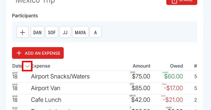 Jellybean's expense sorting interface on desktop showing date, amount, and category sorting options